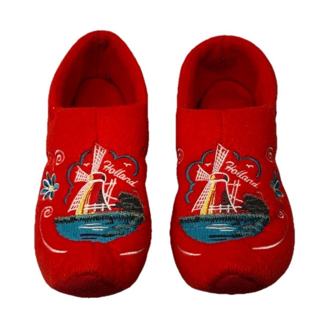 Holland Clog Wooden Shoes Slippers Red Embroidered Sz House Plush Ladies Sz 7-9